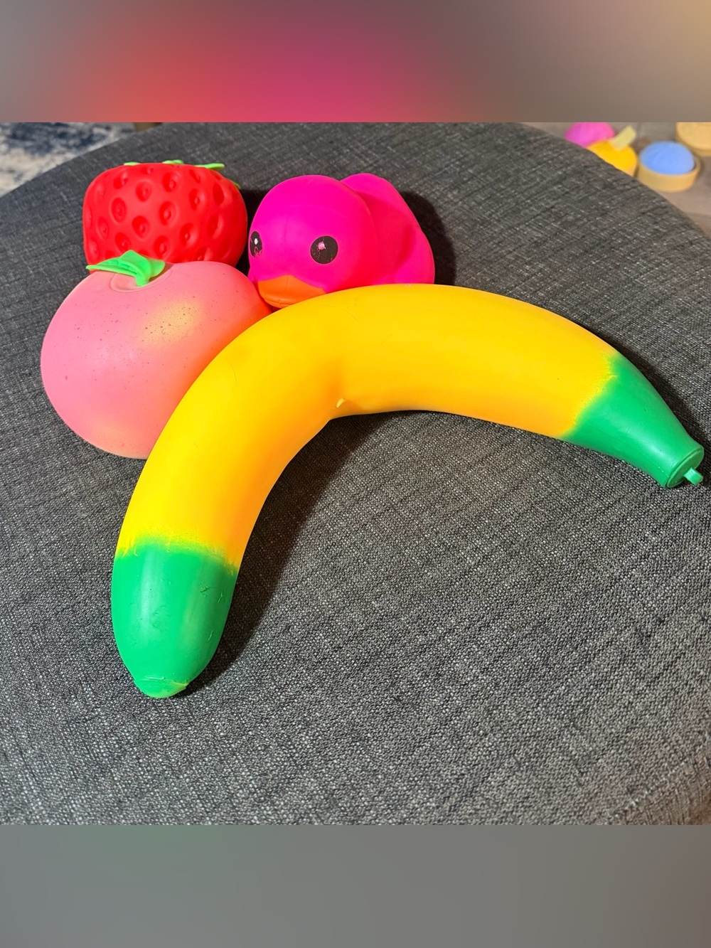 Kids Squishy Fruit Toy Set - Yellow/Green Banana, Pink Duck & Fruit